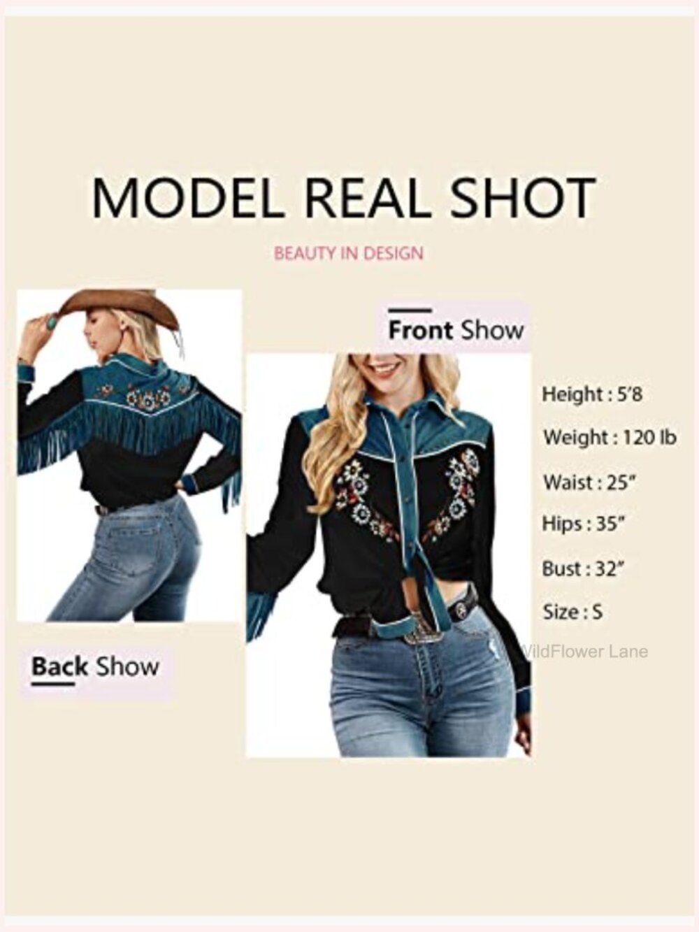 Embroidered Western Button Down Shirt Cowgirl Fringe Long Sleeve Blouses - Picture 5 of 7
